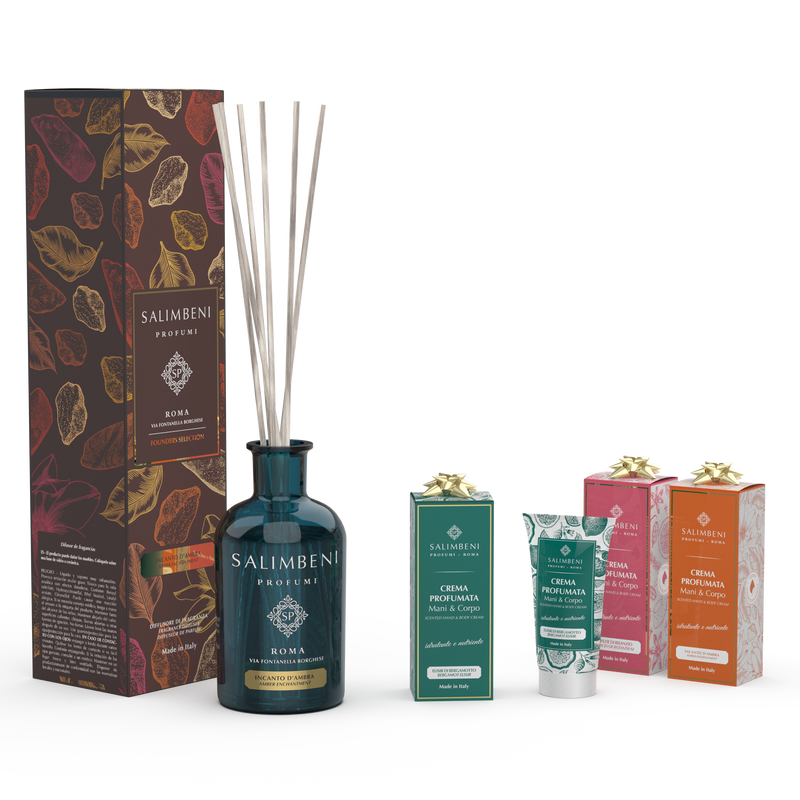 250ml Duftstäbchen Ihrer Wahl + drei 50ml parfümierte Hand- und Körpercremes als kostenlose Probe (Bergamotte Elixier + Verzauberung des Bernsteins + Gewürze von Byzanz)