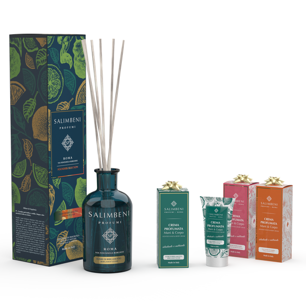 250ml Duftstäbchen Ihrer Wahl + drei 50ml parfümierte Hand- und Körpercremes als kostenlose Probe (Bergamotte Elixier + Verzauberung des Bernsteins + Gewürze von Byzanz)