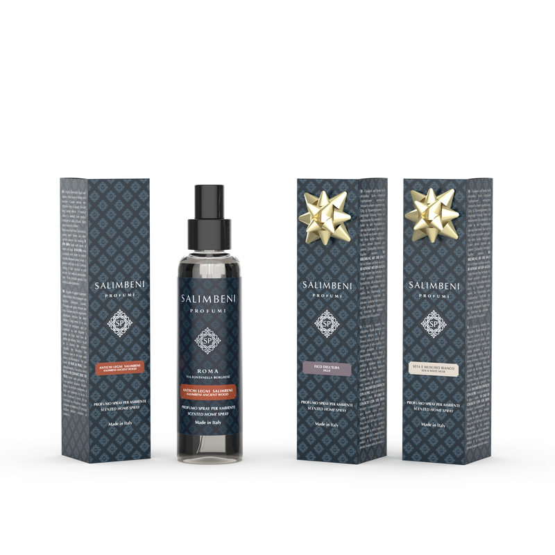 3  150ml Raumsprays (Salimbeni edle Hölzer + Feige von Elba als kostenlose Probe  + Seide und weißer Moschus als kostenlose Probe)