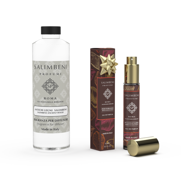 250-ml-Nachfüllpackung für Duftstäbchen - Salimbeni edle Hölzer + Reiseparfum nach Ihrer Wahl (Eau de Parfum Verzauberung des Bernsteins oder Gewürze von Byzanz) als Probenangebot