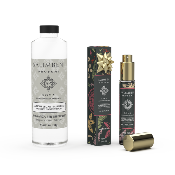 250-ml-Nachfüllpackung für Duftstäbchen - Salimbeni edle Hölzer + Reiseparfum nach Ihrer Wahl (Eau de Parfum Verzauberung des Bernsteins oder Gewürze von Byzanz) als Probenangebot